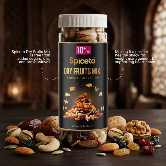 Spiceto Premium 10+ Dry Fruits Mix 200g | Healthy Trail Mix with Almonds, Walnuts, Cashews, & Pistachios | Seeds & Berries & Dates | Energy Booster & Safe Travel Snack | Mixed Dry Fruits Pack
