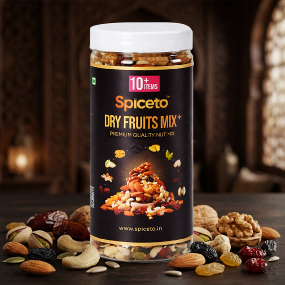 Spiceto Premium Dry Fruits Mix 500g | 10+ Healthy Dry Fruits, Nuts & Seeds | Reusable Jar | Cashews, Pistachios, Walnuts, Almonds, Dates, Raisins, Seeds, Peanuts & Berries